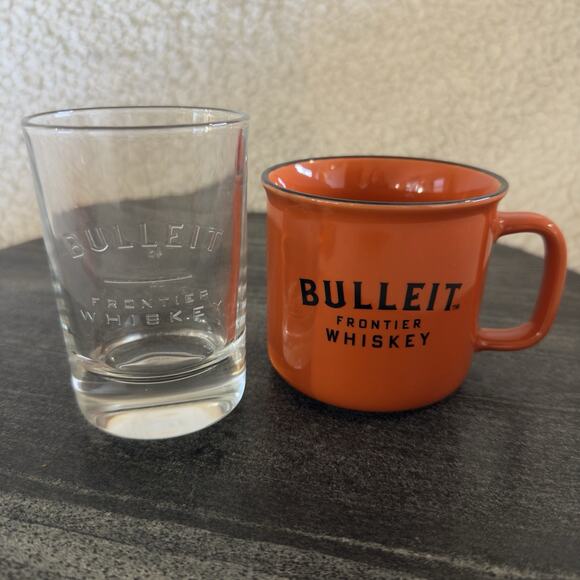 BULLEIT Bourbon Lot x2 Oval 4" Glass & Ceramic Campfire Mug FRONTIER WHISKEY - Picture 1 of 6